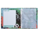 A soccer notebook with a colorful background, space for name, class, and year, as well as illustrations of soccer players and a ball.