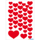 Rote Herzaufkleber in verschiedenen Größen, gleichmäßig auf einem weißen Hintergrund angeordnet.