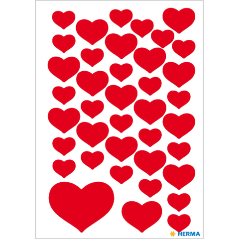 Rote Herzaufkleber in verschiedenen Größen, gleichmäßig auf einem weißen Hintergrund angeordnet.