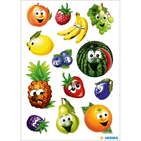 Bunte, cartoonartige Obstaufkleber mit lächelnden Gesichtern, darunter Äpfel, Bananen, Trauben, Wassermelonen und mehr.