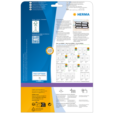 Rückseite einer Verpackung für HERMA Produkte, einschließlich Anweisungen, Softwareinformationen und Diagrammen zur Verwendung.