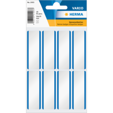 Namensetiketten auf einem Bogen, 16 Stück, 54 x 19 mm, mit blauen Linien zur Kennzeichnung.