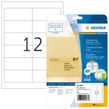 Transparente Etikettenpackung von Herma mit der Nummer 12, inklusive Softwarehinweis und Produktdetails auf der Rückseite.