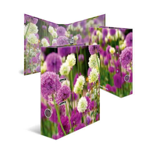 Bunte Ordner mit einem floralen Design aus lila und weißen Blumen auf grünem Hintergrund.