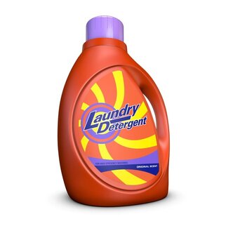Detergent in an orange bottle with a purple cap, labeled 'Laundry Detergent' and featuring a note about the original scent.