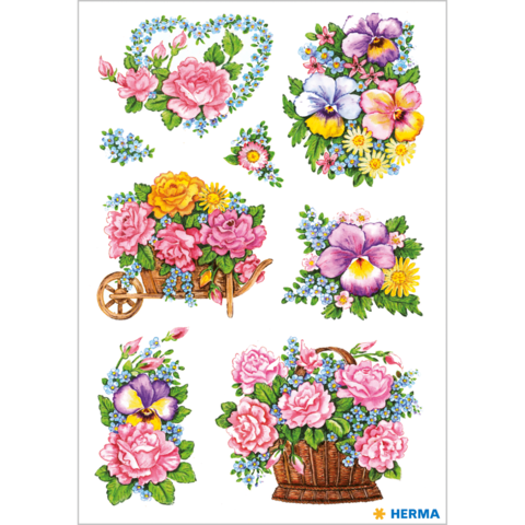 Bunte Blumenmuster mit Rosen, Veilchen und Gänseblümchen in verschiedenen Arrangements, darunter Körbe und Herzen.