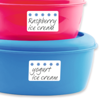 Storage containers labeled with freezer labels