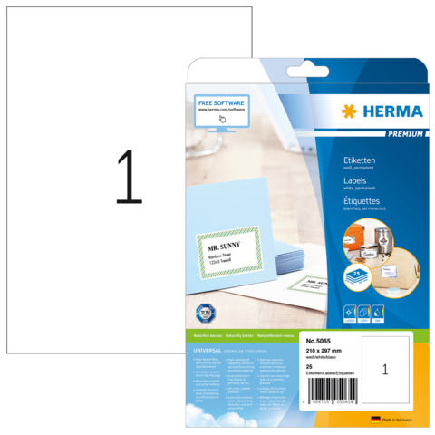 Etikettenpackung von Herma mit 25 Etiketten in der Größe 210 x 297 mm, inklusive Beispieletikett mit dem Text "MR. SUNNY".
