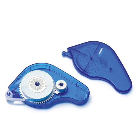 Blue correction roller with a visible mechanism and removable cover. Perfect for correcting text on paper.