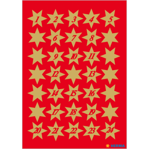Ein roter Hintergrund mit goldenen Sternen, die nummeriert sind von 1 bis 24. Ideal für einen Adventskalender oder ähnliche Anwendungen.