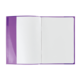 Ein offenes, leeres Notizbuch mit lila Umschlag und weißen Seiten.