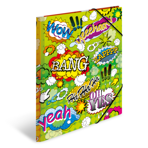 Bunte Comic-Illustrationen mit Ausdrücken wie "WOW", "BANG", "YEAH" und "OH YES" auf einem grünen Hintergrund.