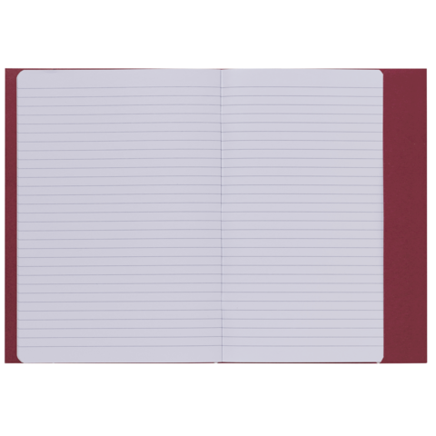 Ein offenes Notizbuch mit linierten Seiten und einem roten Einband. Die Seiten sind leer und bereit zum Beschreiben.