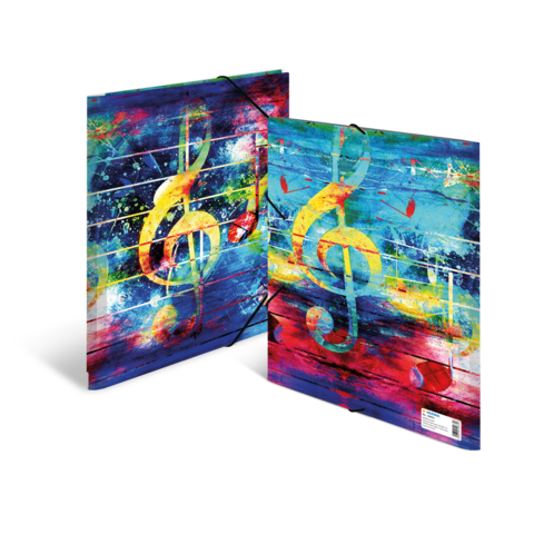 Bunte Notenblätter mit einem großen, gelben Violinschlüssel auf blauen und roten Hintergründen, die musikalische Elemente darstellen.