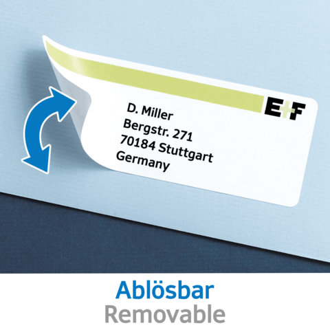 Namensschild mit der Aufschrift "D. Miller, Bergstr. 271, 70184 Stuttgart, Germany" und dem Hinweis "Ablösbar" in deutscher und englischer Sprache.