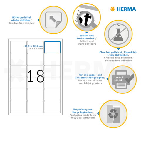Etikettenblatt mit 18 Etiketten, Angaben zu Eigenschaften wie rückstandsfreier Entfernung, Druckertauglichkeit und umweltfreundlicher Verpackung.