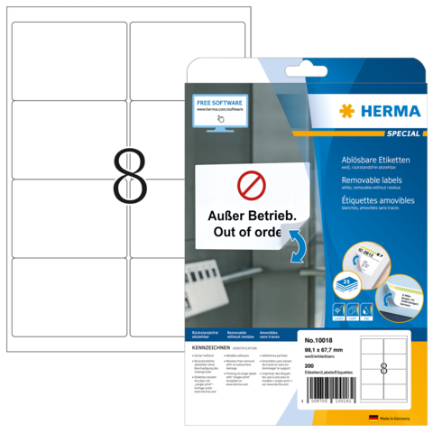 Ablösbare Etiketten auf einer Verpackung, mit der Aufschrift "Außer Betrieb" und Informationen zu den Etiketten.