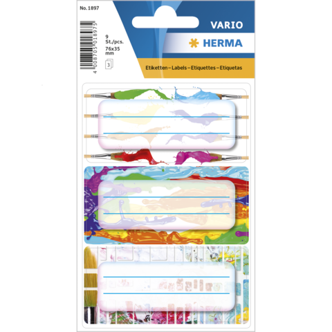 Bunte Etiketten in verschiedenen Designs auf einer Verpackung, geeignet für Beschriftungen und Organisation. Enthält mehrere Etiketten.