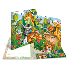 Bunte Ordner mit cartoonhaften Tieren wie Giraffen, Löwen, Zebras und Affen, umgeben von Blumen und Bäumen in einer lebhaften Landschaft.