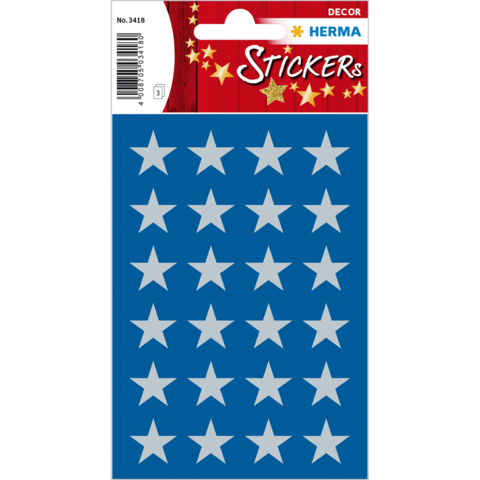 Blauer Stickerbogen mit 24 weißen Sternen in verschiedenen Positionen. Verpackt unter der Marke Herma.