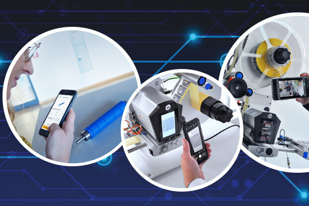 Technological devices are used in various applications, including mobile measuring instruments and robotics, against a digital backdrop.
