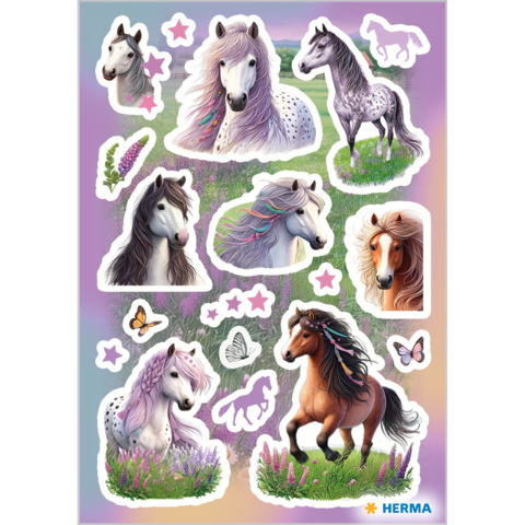 Eine Sammlung von Pferde-Stickern in verschiedenen Farben und Posen, umgeben von Blumen und Schmetterlingen auf einem bunten Hintergrund.