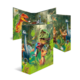 Bunte Ordner mit Dinosauriermotiven, darunter ein T-Rex und verschiedene andere Arten, umgeben von tropischen Pflanzen.