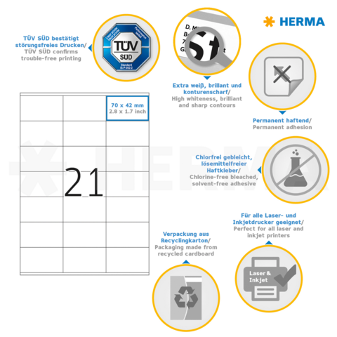 TÜV SÜD bestätigt störungsfreies Drucken. Details zu Etiketten: extra weiß, permanent haftend, chlorfrei, geeignet für Laser- und Inkjetdrucker.