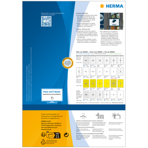 Produktinformationen von HERMA, einschließlich QR-Code, Softwarehinweise und Anwendungsbeispiele für Etiketten und Folien.