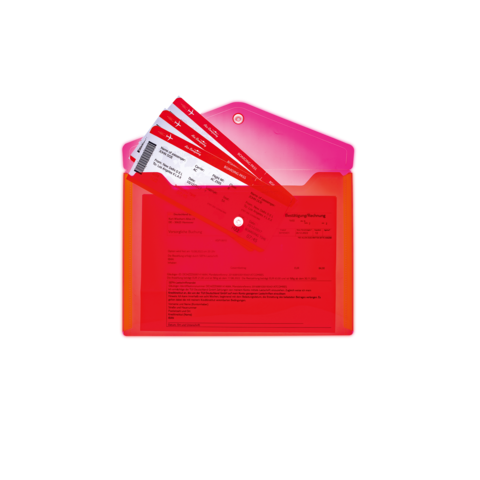 Rote Mappe mit mehreren Dokumenten und Tickets, die teilweise sichtbar sind.