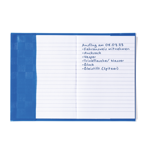 Liste für einen Ausflug am 08.07.23: Fahrausweis, Rucksack, Vesper, Trinkflasche/Wasser, Block, Bleistift (spitzer).