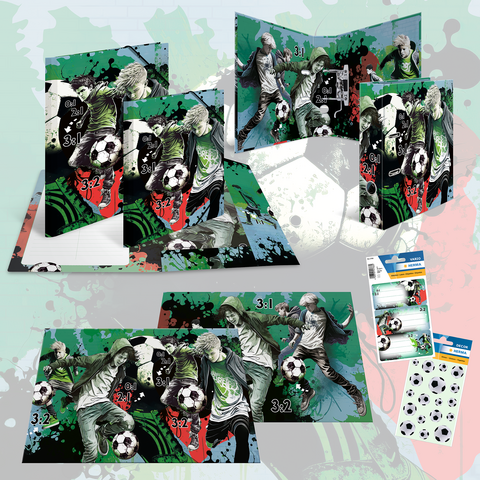 A collection of notebooks and stickers featuring soccer themes and graphic illustrations of players in action.