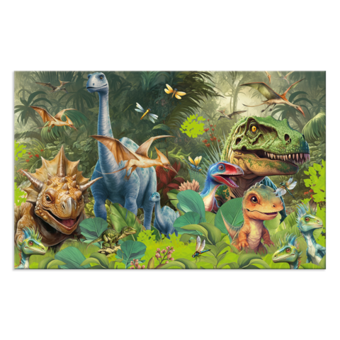 Eine Gruppe von Dinosauriern, darunter ein Tyrannosaurus Rex, ein Brachiosaurus und verschiedene kleinere Arten, in einer üppigen, grünen Umgebung.