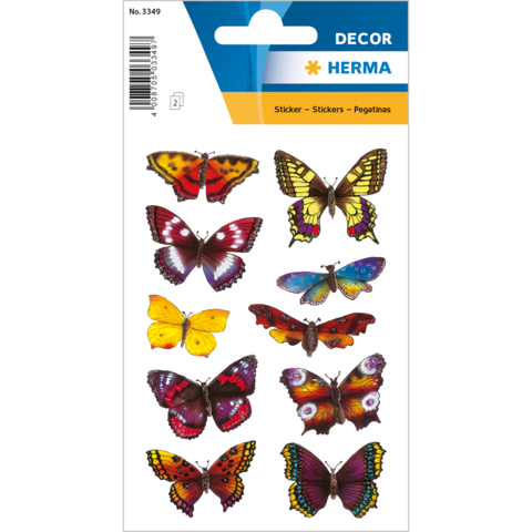 Bunte Schmetterlingsaufkleber in verschiedenen Designs und Farben, angeordnet in zwei Reihen auf einem weißen Hintergrund.