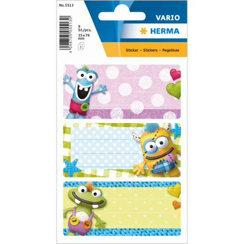 Bunte Aufkleber mit cartoonhaften Figuren auf verschiedenen Hintergrundmustern in Pastellfarben. Enthält drei Designs mit fröhlichen Charakteren.