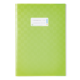 Grünes Notizbuch mit einem weißen Aufkleber für persönliche Angaben auf der Vorderseite.