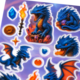 Colorful stickers featuring blue dragons, gemstones, a torch, and various symbols on a purple background.