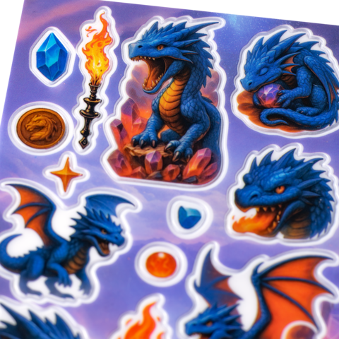 Colorful stickers featuring blue dragons, gemstones, a torch, and various symbols on a purple background.