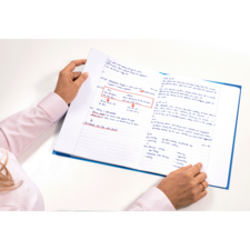 Eine Person hält ein aufgeschlagenes Notizbuch mit handschriftlichen Notizen und Markierungen in blauer und roter Tinte.