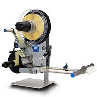 Labeling machine with roll holder, dispenser, and control unit, suitable for applying labels to products.