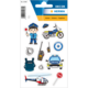 Polizeisticker-Set mit einem Polizisten, einem Polizeiauto, einem Motorrad, einem Hubschrauber und verschiedenen Polizeisymbolen.