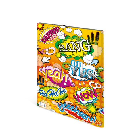 Bunt gestaltetes Notizbuch mit verschiedenen Comic-ähnlichen Ausdrücken wie "BANG", "WOW" und "YEAH" auf einem gelben Hintergrund.