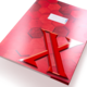 Rotes Heft mit hexagonalem Muster und einem hervorgehobenen, glänzenden roten "X" auf der Vorderseite.