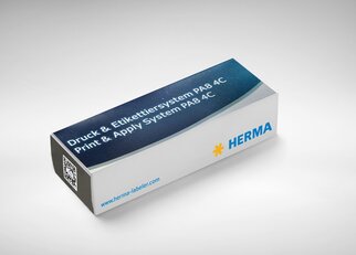 Packaging of a printing and labeling system with the label 'HERMA' and a QR code on the side.
