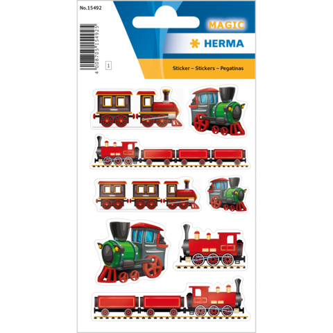 Aufkleber mit verschiedenen bunten Lokomotiven und Waggons in rot und grün, angeordnet auf einem weißen Hintergrund.