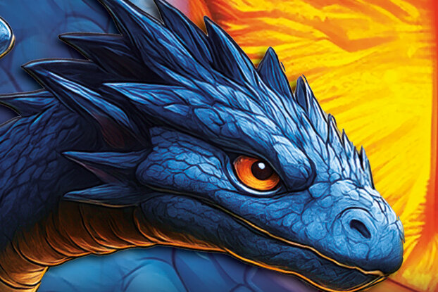Two blue dragons with glowing eyes and sharp teeth, surrounded by crystals and a fiery background.