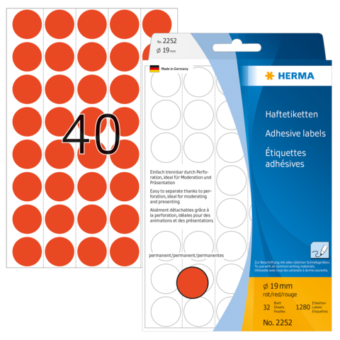 Runde, rote Haftetiketten auf einem Bogen mit 40 Etiketten. Verpackung zeigt die Marke HERMA und die Größe von 19 mm.