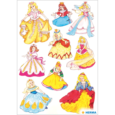 Verschiedene Prinzessinnen in bunten Kleidern, jede mit einzigartigem Design und Frisur, angeordnet in einem Raster.