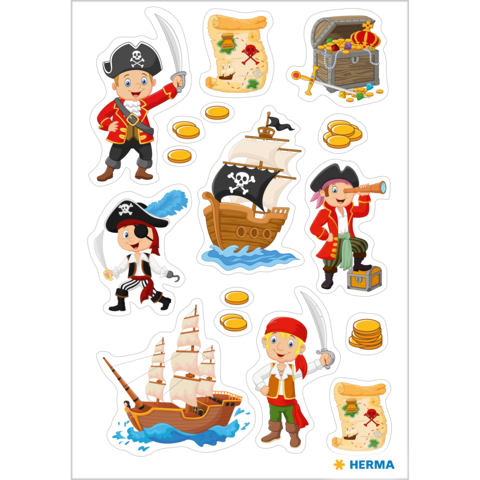 Piratensticker mit verschiedenen Charakteren, einem Schiff, einer Schatztruhe und Goldmünzen, umgeben von Schatzkarten.