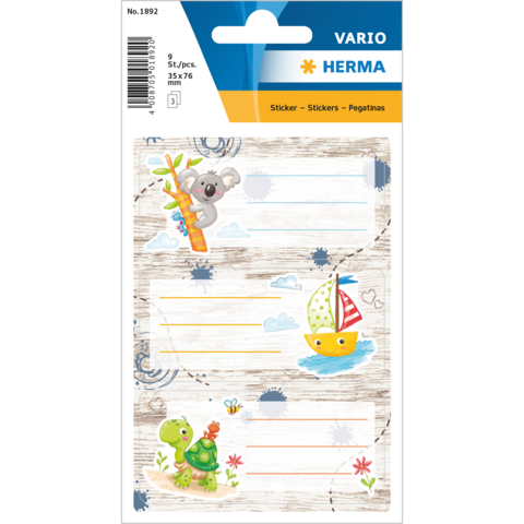 Aufkleber mit einem Koala, einer Schildkröte, einem Boot und Wolken auf einem Holz-Hintergrund. Enthält leere Linien zum Beschriften.